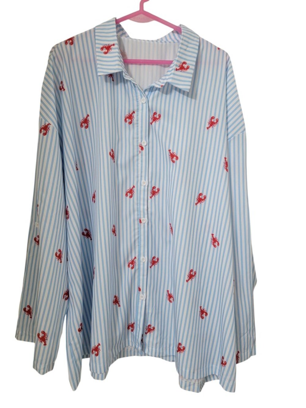 SHEIN Size 4XL Blue with White Stripe Button Down Shirt with Lobster Pattern